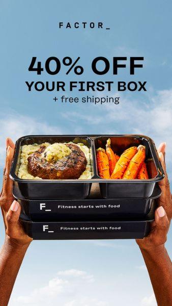 This vertical ad showcases a meal kit box held by two hands against a blue sky, emphasizing a 40% discount and the brand tagline.